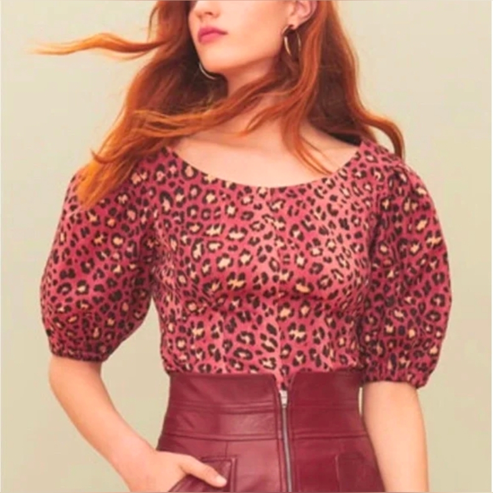 Rebecca Taylor Pink Leopard Puff Sleeve Blouse Size 2